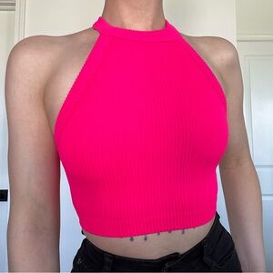 AERIE hot pink ribbed cropped halter top